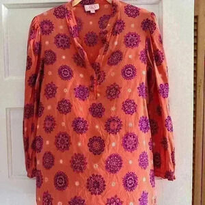 AKA New York - Silk Blouse - Coral/Pink and Purple accents - Size Small